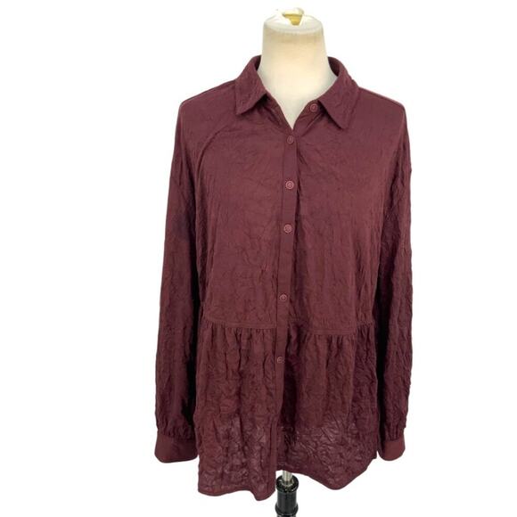 Frye & Co Ruffle Peplum Knit Button Down Blouse Burgundy Size Large - Picture 1 of 7